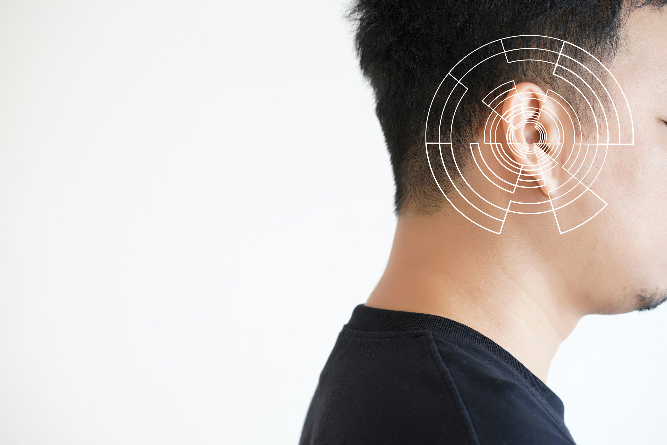 Young man hearing loss  sound waves simulation technology